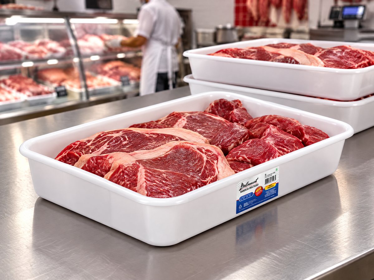 Bandejas profissionais Belmount com carne no balcão de um açougue