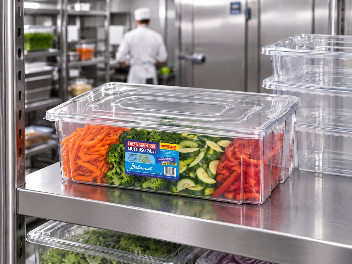 Caixa multiuso transparente Belmount com legumes na prateleira de uma cozinha industrial