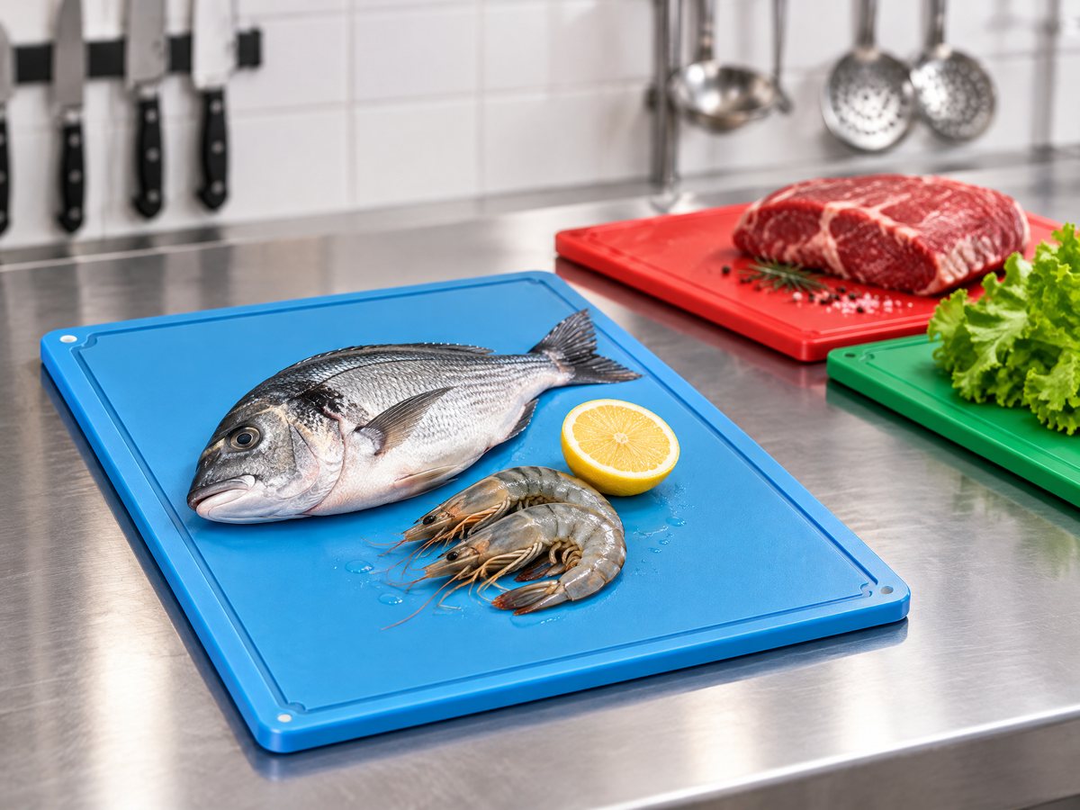 Tábuas de corte PEAD Belmount azul, vermelha e verde com peixe, carne e alface